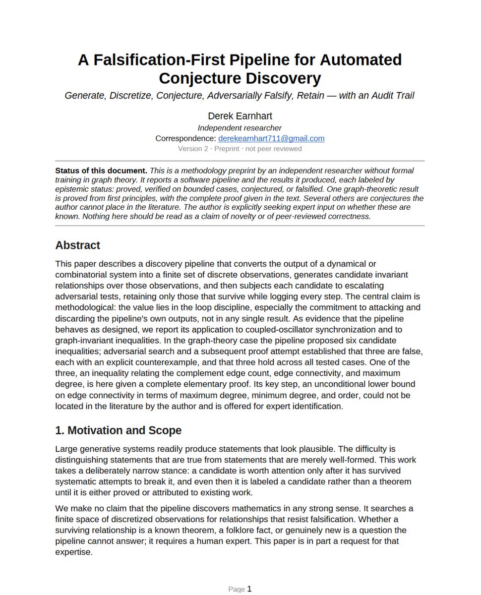 Imderekearnhart's tweet photo. I built a system whose only job is to attack its own discoveries until they break

It generated 6 math conjectures, survived them through brute-force search up to graphs with 15 nodes. Looked solid

Then I tried to prove one, and the proof attempt instantly killed two of them. Counterexamples so small the search had skipped right over them.

"Survived testing" and "true" turned out to be very different things. Catching that gap was the whole point.
Full write-up + code + the one theorem that did survive 

Link: https://t.co/wkU2jI5m0t