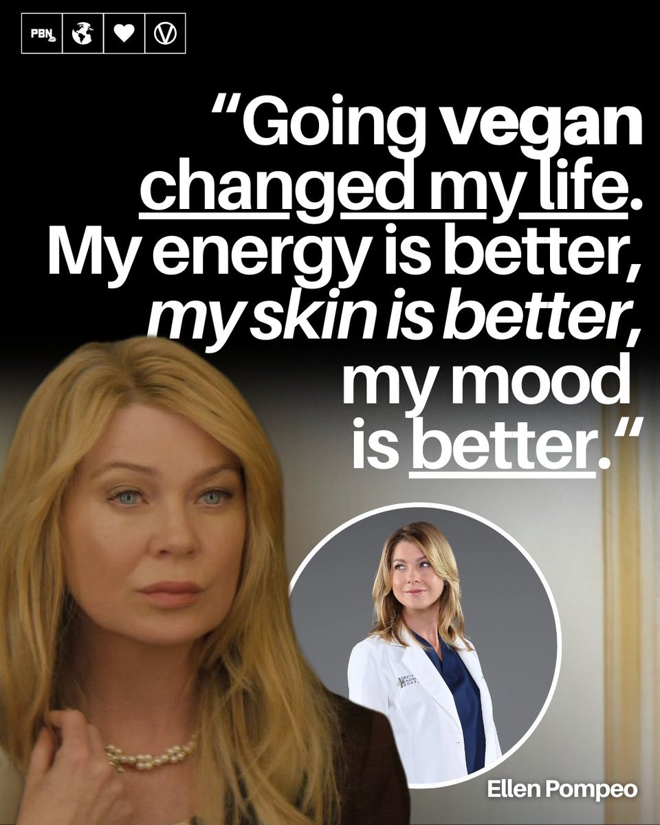 PlantBasedNews's tweet photo. There are so many benefits to going vegan as Grey's Anatomy star Ellen Pompeo can confirm 🌱 ❤️ https://t.co/7vTUboe1pj