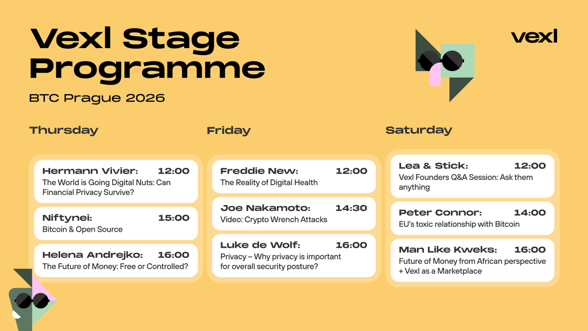 vexl's tweet photo. We’re doing @BTCPrague differently this year 😎 

Not just another booth.  

We’re building the Vexl Stage. Our own curated space for talks, debates, and ideas around P2P Bitcoin, privacy, no-KYC, and open source. Full programme below.   

See you this June in Prague! https://t.co/ouqzQld5ZR
