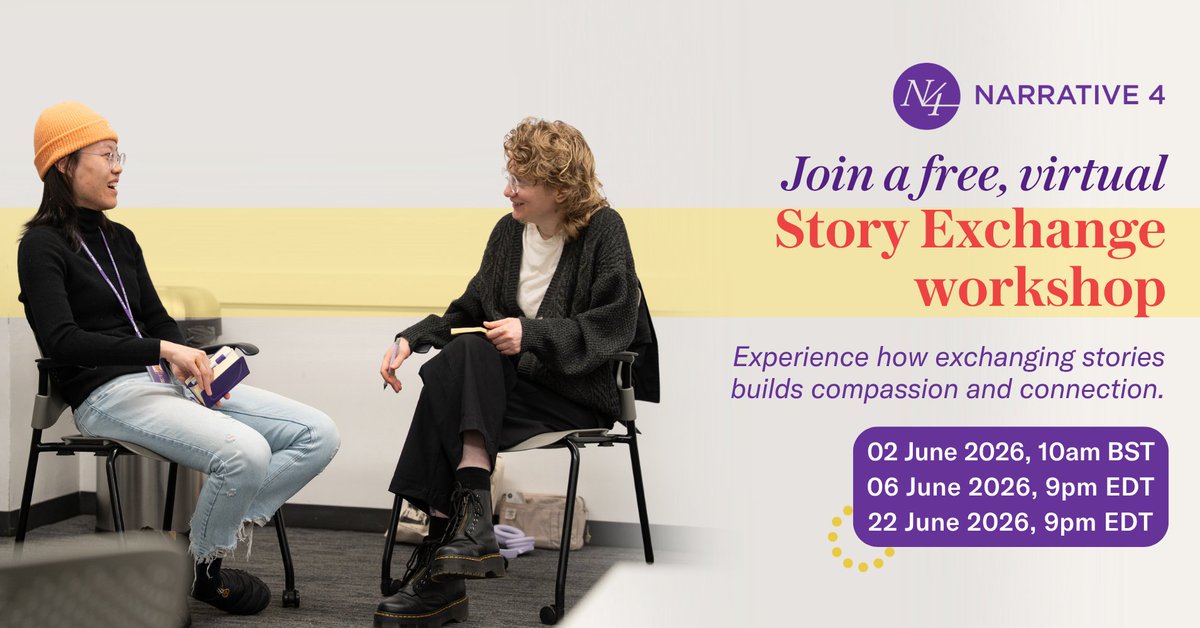 narrative4's tweet photo. Join a free, virtual Story Exchange workshop and experience Narrative 4’s research-backed storytelling method in action! 💜

🌍 Free and open to all
📅 2nd, 8th and 22nd June
👉 Register here: https://t.co/IHG5E2dOUx https://t.co/yXEQB7o0Z5