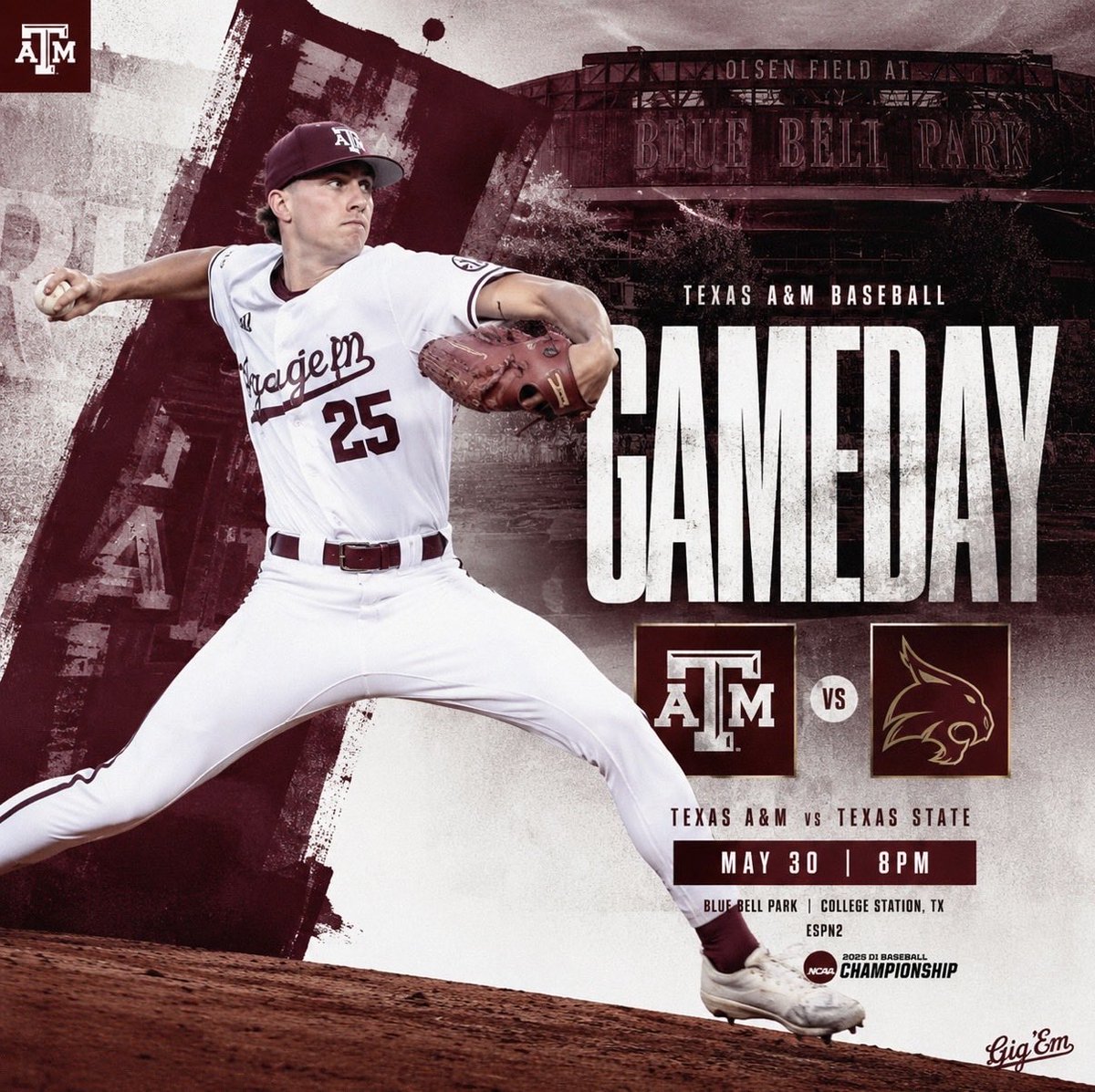 12thManRpt's tweet photo. Texas State comes to College Station tonight for a winner’s bracket showdown with a Super Regional berth one step closer.

First pitch: 8:00 PM CT
📍 Blue Bell Park
📺 ESPN2

Olsen is going to be rocking https://t.co/gX0AR2SXoG