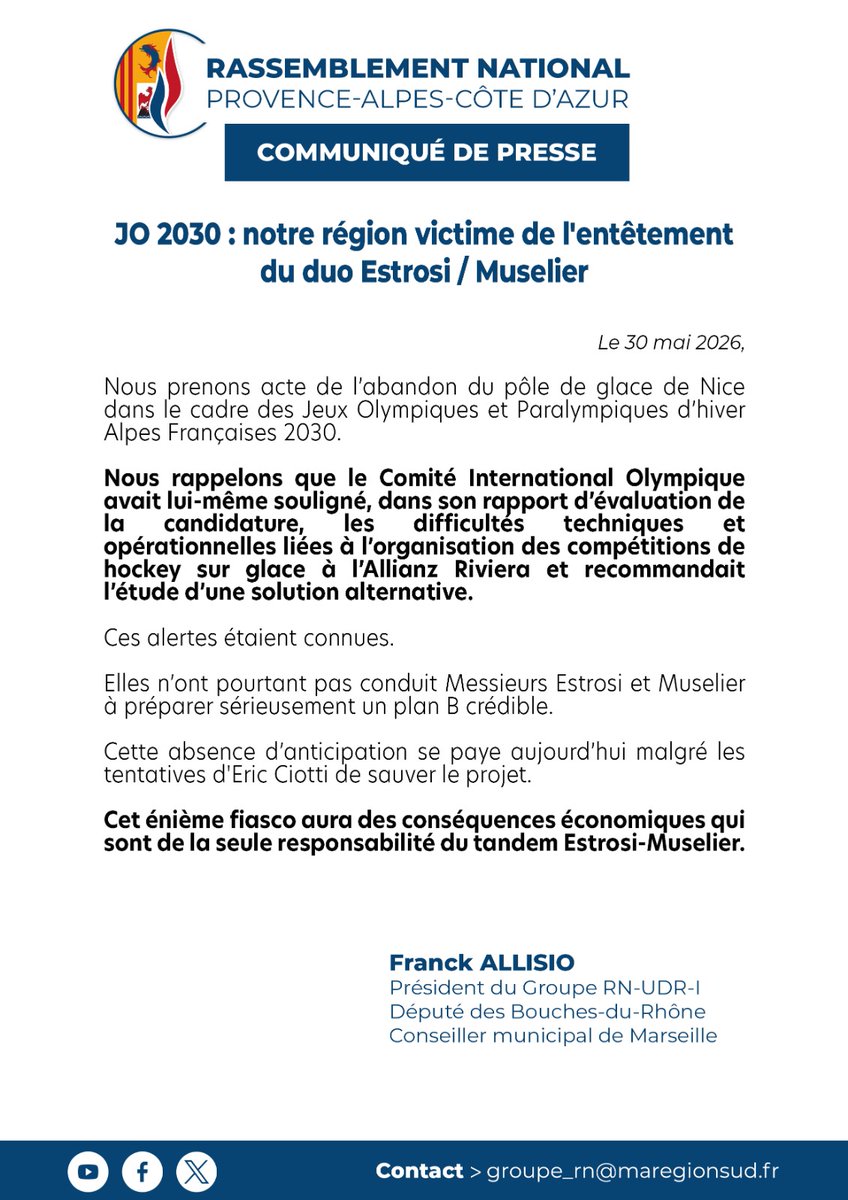 rn_paca's tweet photo. Le fiasco était annoncé.

Malgré les alertes du CIO sur les difficultés du projet niçois, @cestrosi et @RenaudMuselier n'ont préparé aucun plan B crédible.

Résultat : le pôle de glace de Nice est abandonné et notre région paie aujourd'hui le prix de leur entêtement. ⤵️ https://t.co/8WM3q4QZYk