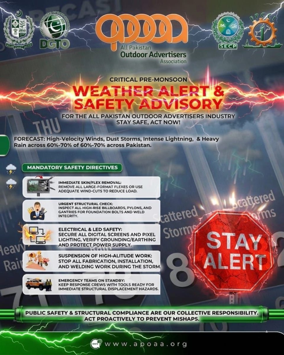 apoaa_pk's tweet photo. APOAA WEATHER ALERT 

APOAA is closely monitoring the weather situation as forecasts indicate potentially alarming stormy winds tomorrow morning. All outdoor advertisers are advised to secure advertising structures and ensure necessary safety measures for labor and field teams. https://t.co/JDdJxmsE88