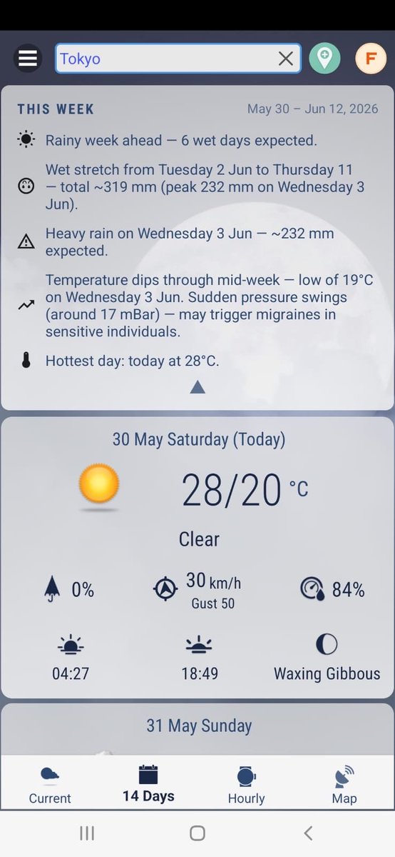 hyperlocal_app's tweet photo. New: the This Week summary 🌦️
Weekly rainfall totals, temperature trends, pressure swings — not just numbers, the story behind them.
Tokyo this week: 6 wet days, 232 mm on Wednesday, a 17 mBar pressure drop — a heads-up for the migraine-sensitive.
#weather #migraine #Tokyo https://t.co/CExvT2Nl5G