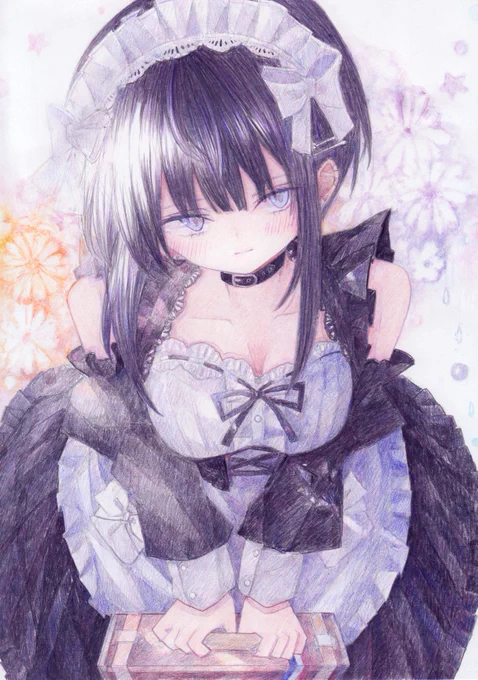 黒髪ショートのメイドさん #オリジナル #アナログ #色鉛筆 #透明水彩
