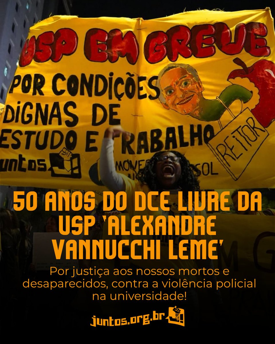 coletivojuntos's tweet photo. 🚩 50 anos do DCE Livre da USP ‘Alexandre Vannucchi Leme’

Por justiça aos nossos mortos e desaparecidos, contra a violência policial na universidade! https://t.co/GY3NecXq1Y