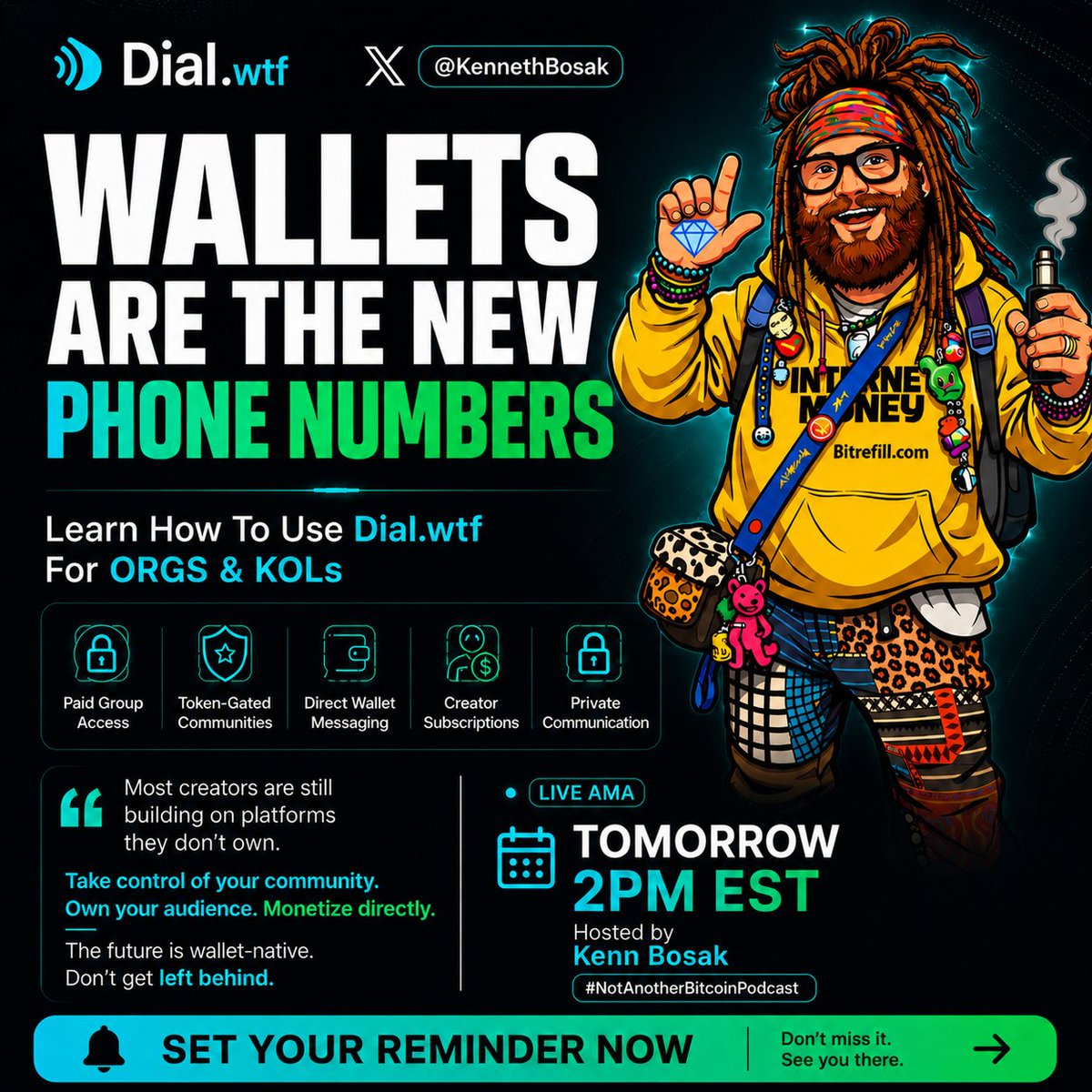 KennethBosak's tweet photo. Set a Reminder 🎗️
For @wtfdial Spaces 🎙️
Tomorrow @ 2pm EST 📆
#NotAnotherBitcoinPodcast 💬

RSVP: https://t.co/T60YHqHVtJ https://t.co/tGGpiTEPlg