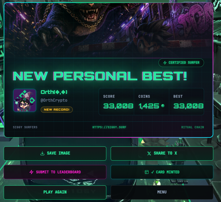 OrthCrypto's tweet photo. I just scored 33,008 on @SiggySurfers! 🏃‍♂️⚡

This Banger Game dApp was developed by @markweirdo11 and @tutufly_yy, and it honestly cooks.

Play the game here: https://t.co/cL4yREvxCk

How far can you run before you get caught? �

https://t.co/cFFayIUZKB https://t.co/hFMgAQH2BX