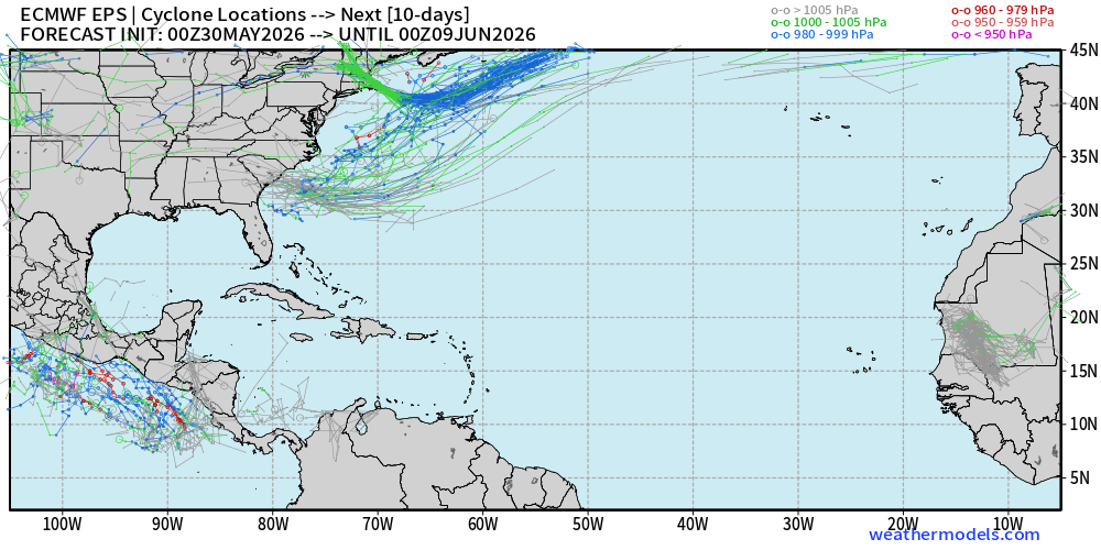PC_WeatherBoy's tweet photo. Official NHC map is quite along with the EURO EPS ensembles. Both showing nothing cooking with in the next 7 days. 

Official start of the 2026 Atlantic Hurricane Season is in 2 days!!!! https://t.co/ZymjeDqYEs