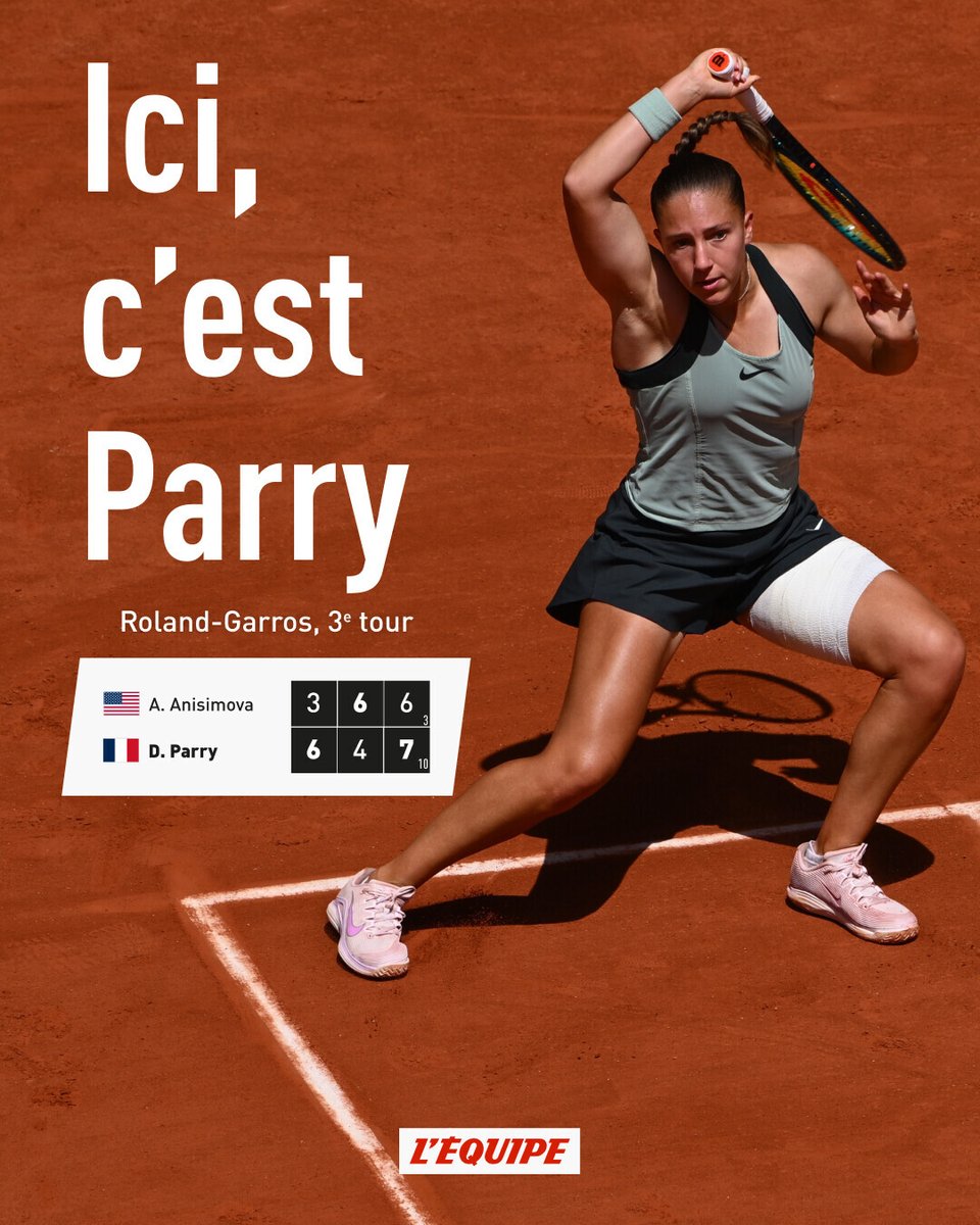 lequipe's tweet photo. Sensation à Roland-Garros : Diane Parry sort la tête de série n°6 Amanda Anisimova et se qualifie pour la première fois pour les 8es de finale d'un Grand Chelem
➡️ https://t.co/Hejr2xME0d https://t.co/GOYqeBrlNx