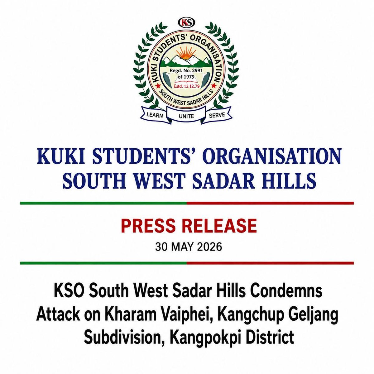 MHaokipp85232's tweet photo. #ManipurNews||  The Kuki Students' Organisation (KSO), South West Sadar Hills, strongly condemns the attack on Kharam Vaiphei village in Kangchup Geljang Subdivision, Kangpokpi District.

It has come to our attention that following the ambush on civilians and the brutal killing of three Kuki-Zo church leaders between Kotlen and Kotjim, tensions between hill tribal communities escalated into violence.

The Kuki community has cooperated with efforts to restore law and order and has welcomed the intervention of state and central forces to bring the perpetrators to justice, including in the case of the six missing Liangmai civilians.

Despite the presence of central forces and a combing operation conducted by the Gorkha Rifles and CRPF units, armed groups allegedly affiliated with ZUF-K led NSCN-IM reportedly burned down several houses in Kuki-Zo villages at Kharam Vaiphei.

We question how, even after suspected individuals connected to the abduction of six Naga civilians were apprehended, security forces failed to prevent a renewed attack on Kuki-Zo villages that resulted in homes being burned and hardships for innocent civilians.

We urge the central forces to explain how the situation resulted in one-sided security arrangements that enabled vandalism and arson to take place.

The KSO holds the central forces responsible for maintaining law and order and expects immediate measures to prevent further escalation and to ensure the safety and security of all civilians.

Sd/-
Department of Information & Publicity
KSO South West Sadar Hills
@thewire_in @ThePrintIndia @scroll_in @TheQuint @EastMojo @thecaravanindia @DeccanHerald @htTweets @the_hindu @newslaundry @CNNnews18 @newsreel_asia @pbhushan1 @ashoswai @sardesairajdeep @KaranThapar_TTP @jeegujja @meipat @BhallaAjay26 @HMOIndia @AmitShah @SupremeCourtFan @IndiaTodayNE @adgpi @official_dgar @easterncomd @Spearcorps @crpfindia @BSF_India @jeegujja