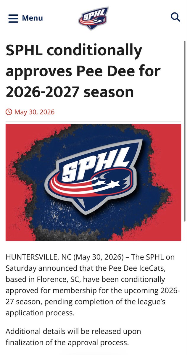 GrantDahlstrom's tweet photo. Well, the SPHL appears to be adding a 12th team, weeks after accepting the former FPHL member Athens Rock Lobsters into the league as the 11th team.

This morning they put out the news below⬇️

Looks like another FPHL team, the Pee Dee IceCats are taking a step up. @QCSportsNet https://t.co/v3yMmqzPai