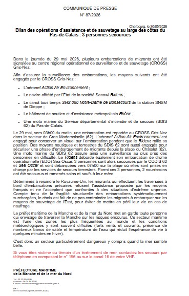 Image de Préfecture maritime Manche et mer du Nord - [#Opérations] Bilan des opérations d'assistance et de sauvetage du 29 mai 2026 en Manche et mer du N