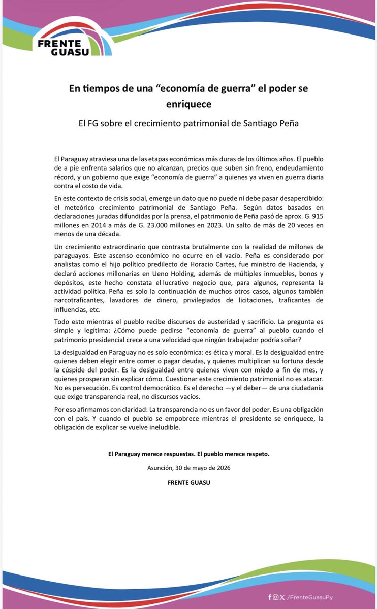 FrenteGuasuPY's tweet photo. ‼️ En tiempos de una “economía de guerra” el poder se enriquece

📣 El FG sobre el crecimiento patrimonial de Santiago Peña https://t.co/Sm2e2IcIx1