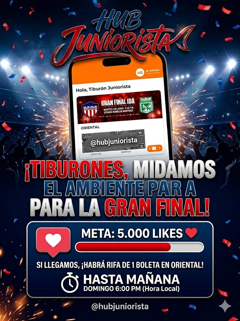 HubJuniorista's tweet photo. 🦈 ¡TIBURONES! Midamos el ambiente para la FINAL.!

Tengo 1 BOLETA en Oriental. Si este post toca los 5.000 LIKES antes de mañana domingo 6:00 PM, activo el sorteo oficial. 🔥

Solo dejen su ❤️ y RT. ¡Vamos Junior! 🔴⚪

@HablaDeportes @JuanSalvadorB @ToqueSports @WillyGanem https://t.co/WwiNwFPckn