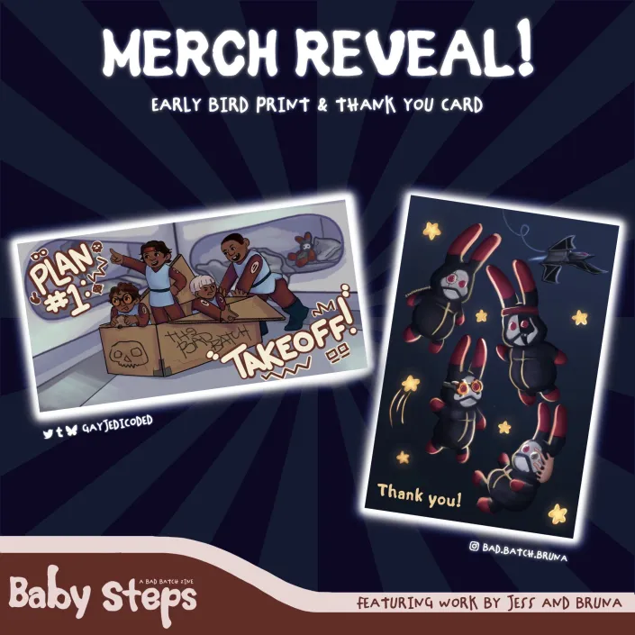 babystepszine's tweet photo. 🩵 MERCH REVEAL! 🩵

Presenting our early bird print by @gayjedicoded and our Thank you card by @bad_batch_bruna  as our third batch of merch!

These prints will only be available for preorders, so make sure you don’t not miss out while you can!

Preorders begin on 31st May 2026 https://t.co/rCnzg4Z3LR