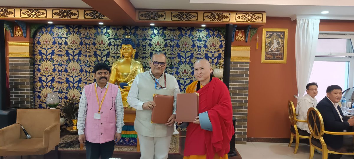 MinOfCultureGoI's tweet photo. #RelicsInMongolia

An MoU was exchanged between the Ministry of Culture, Government of India, and the Gandantegchenling Monastery, Mongolia, for the 10-day exposition of the Sacred Relics of Arahant Sariputta and Arahant Mahamoggallana, the chief disciples of Gautama Buddha.

The MoU was exchanged by Shri Samar Nanda, Joint Secretary, Ministry of Culture, and Khambo Nomun Khan D. Javzandorj of Gandantegchenling Monastery in the presence of senior dignitaries from both countries.

This initiative further strengthens the enduring civilizational and Buddhist heritage ties between India and Mongolia.

#CultureUnitesAll @IndiainMongolia