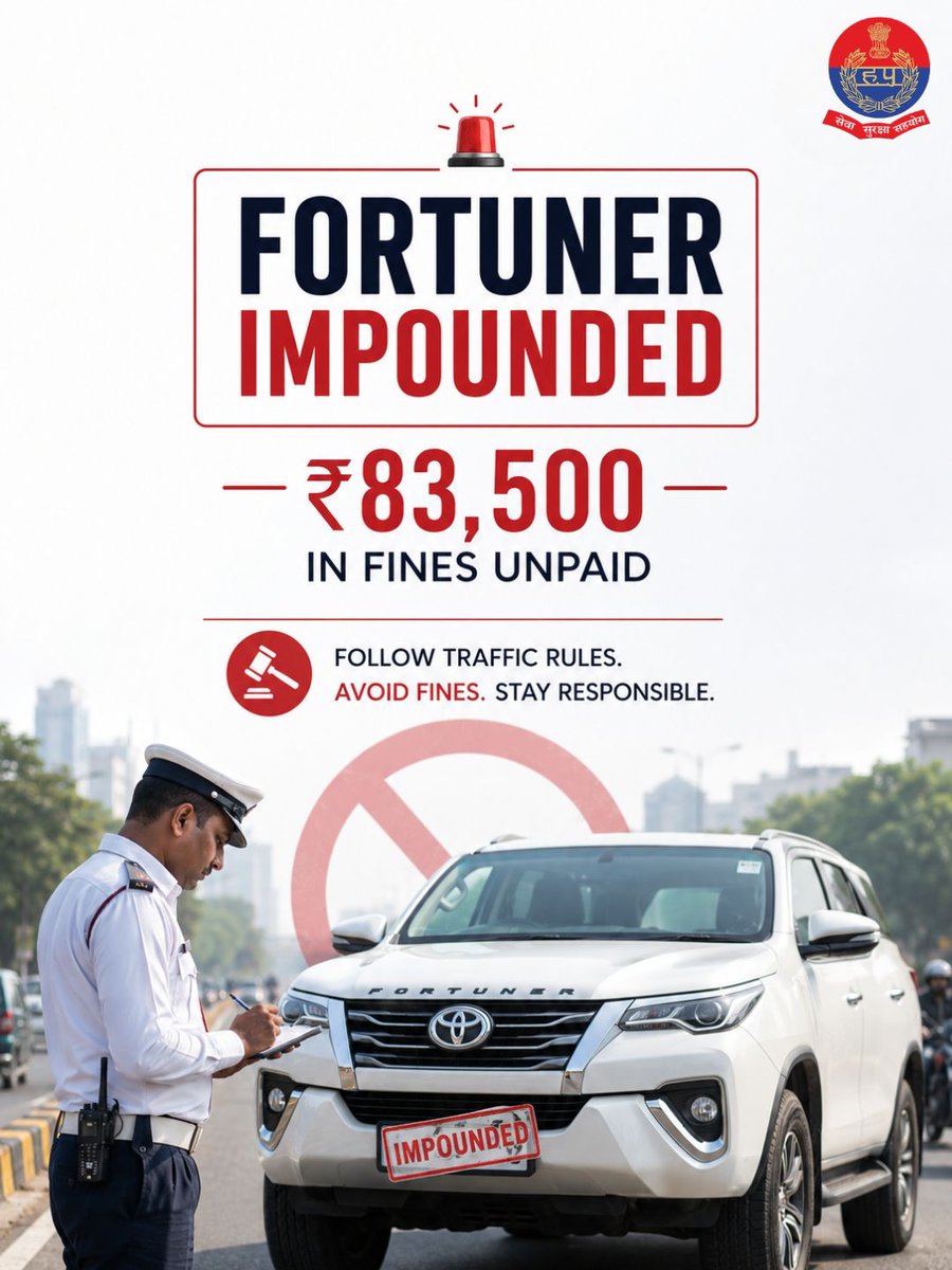 TrafficGGM's tweet photo. Fortuner impounded in Gurugram.
· 10 challans pending 90+ days
· ₹83,500 in unpaid fines
· Black film + no HSRP plate
· Seized under Sec 167(8), MV Act
Pay challans on time. Enforcement continues.
📞 112 | 1095
#GurugramTrafficPolice #PayYourChallan #RoadSafety https://t.co/N567Ep7xuY