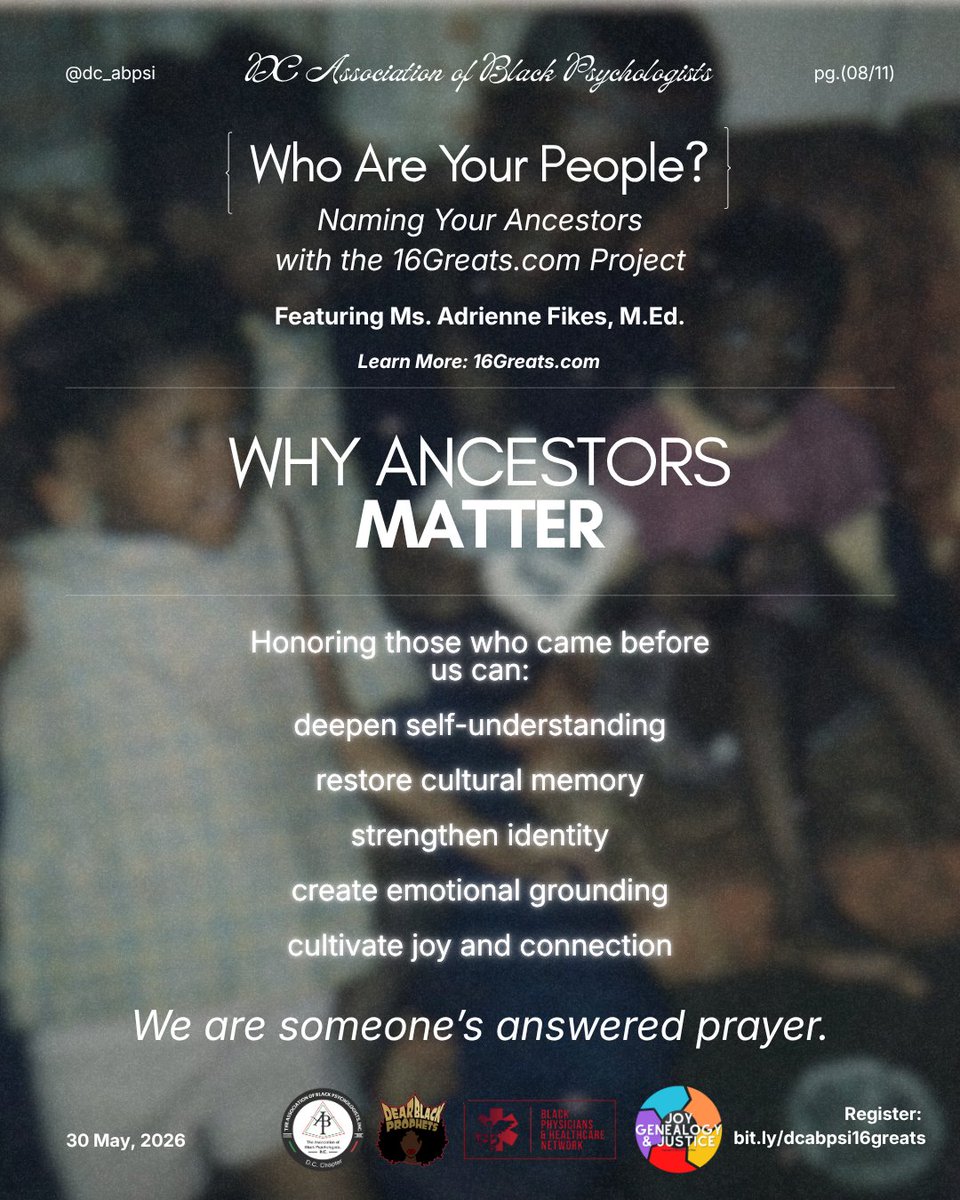 TheABPsi's tweet photo. Who are your people?

Join us TODAY at 2:30 PM ET for Naming Your Ancestors with the 16Greats Project featuring Adrienne Fikes, M.Ed.

Discover how family history, genealogy, and ancestral remembrance support healing, identity, and belonging.

🔗 https://t.co/ttN3bP1677 https://t.co/CcIwXAe72w
