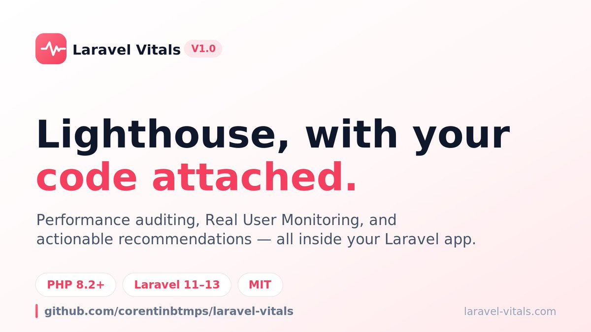 CorentinBtmps's tweet photo. "Eliminate render-blocking resources."

Cool Lighthouse — but which line? 🤔

So I built Laravel Vitals: self-hosted Lighthouse audits inside your Laravel app, with exact file:line attribution + backend telemetry (queries, N+1, memory).

Self-hosted. No PII. MIT. 👇 https://t.co/o3iFyl5gO5