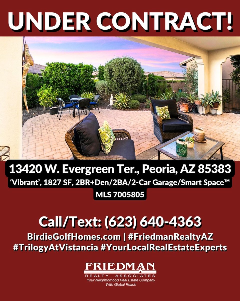 FriedmanRealty's tweet photo. Our seller is #UNDERCONTRACT!
13420 W Evergreen Terrace #TrilogyAtVistancia #PeoriaAZ
‘Vibrant’, 1827 SF, 2BR+Den/2BA/2-Car Gar./
https://t.co/8lCmpPCHRl 
623-640-4363
#PeoriaHomesforsale #homesforsaleinPeoriaAZ #FriedmanRealtyAZ #yourlocalrealtors #yourlocalRealEstateExpert https://t.co/2oUtsNJ9cW