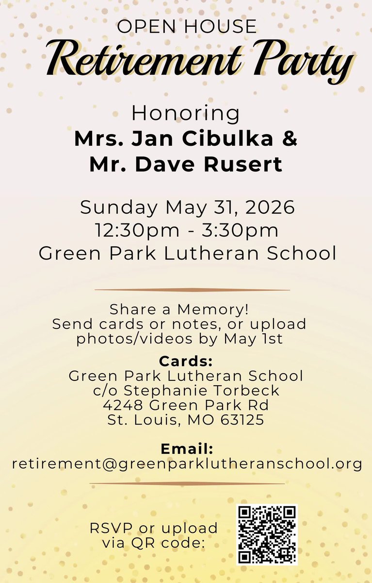 GreenParkLS's tweet photo. 🥳We’re so excited to celebrate tomorrow at our Open House Retirement Party honoring Mrs. Jan Cibulka and Mr. Dave Rusert!  RSVP:
https://t.co/5A7dB47JaF

Join us to celebrate and honor the impact these amazing teachers have made.

#GPLS #knownlovedvalued #cibulkarusertlegacy https://t.co/3zNHKY9CGK