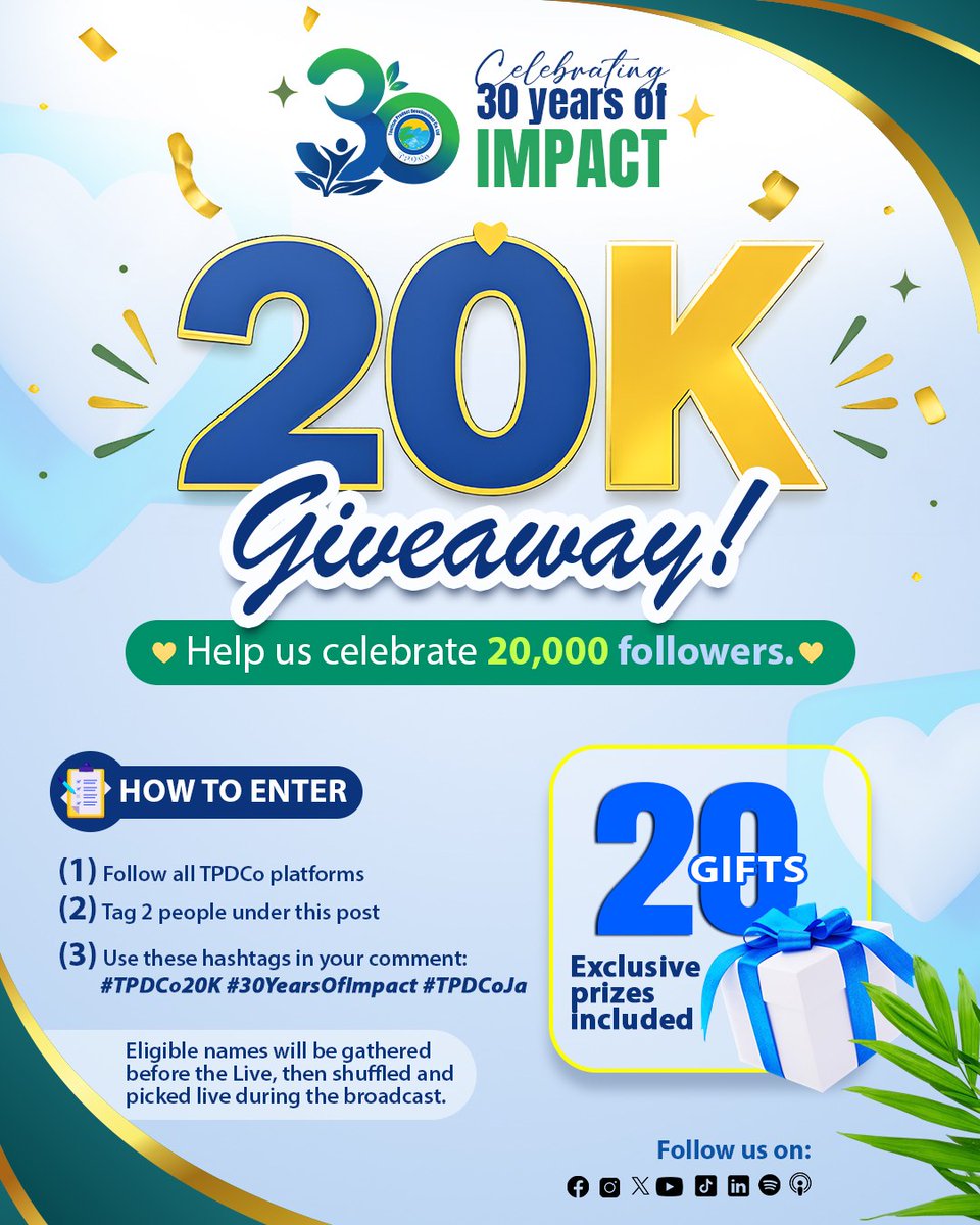 tpdcoja's tweet photo. We’re celebrating 20,000 followers with a special TPDCo 20K Giveaway! 🎉💙💛
Here’s how to enter:
1️⃣ Follow all TPDCo platforms
2️⃣ Tag 2 people under this post
3️⃣ Use these hashtags in your comment: #TPDCo20K #30YearsOfImpact #TPDCoJa
Eligible names will be gathered before the Live, then shuffled and picked live during the broadcast.
Thank you for growing with us as we continue celebrating 30 Years of Impact! 🇯🇲
#TPDCo20K #TPDCoJa #30YearsOfImpact #JamaicaTourism #TourismDevelopment