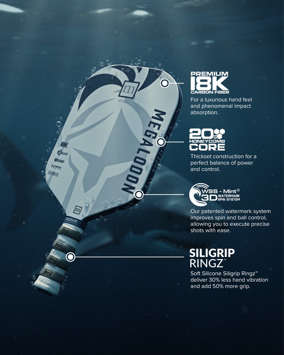 Mintsport_'s tweet photo. Power below the surface 🦈⚡️

The Megalodon was built for players who want the perfect balance of power and precision. Featuring a premium 18K carbon fiber face and a softer 20mm polypropylene honeycomb core, it delivers exceptional stability, responsiveness, and confidence on every shot.

An elongated face and handle provide extra reach and a larger sweet spot, helping you generate more power, control, and consistency throughout every match.

Plus, every Megalodon includes:

🎁 FREE neoprene paddle cover
🎁 FREE edge guard
🎁 FREE SiliGrip Ringz™
🎁 FREE shipping + returns

✔️ USAPA Approved

Premium performance. Elite technology. No compromises.

Tap in and experience the Megalodon. 🦈