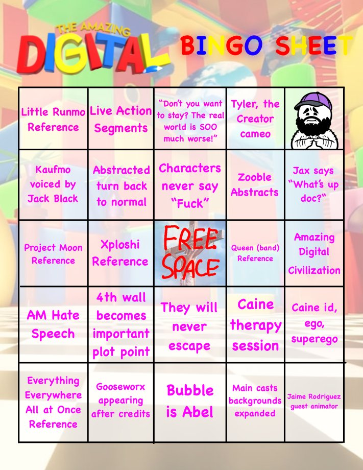 byrdeword's tweet photo. #TheAmazingDigitalCircus movie coming out next week, here's a bingo sheet I made along with the template in replies https://t.co/RNpkHpm1hw