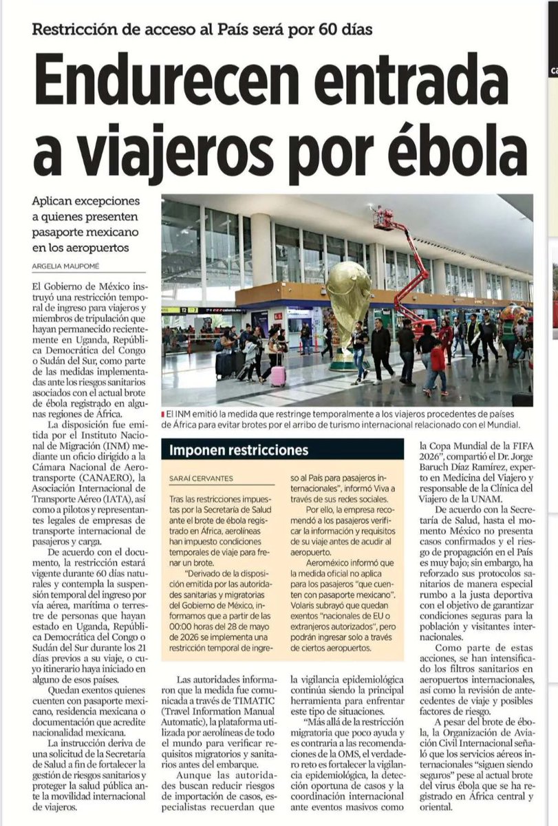 Ruth_RodriguezP's tweet photo. Ni cuando la pandemia del COVID se restringió la entrada a nadie, hoy México prohíbe el ingreso de viajeros del Congo, Sudán del Sur y Uganda, ante el temor del ébola.
Pero, deja abierta la puerta a mexicanos que viajaron a esas zonas, como si los virus tuvieran nacionalidad https://t.co/pKIqeZKzFF