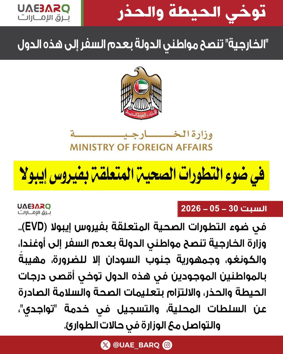 UAE_BARQ's tweet photo. "الخارجية" تنصح مواطني الدولة بعدم السفر إلى هذه الدول.

#برق_الإمارات https://t.co/rzKFGelSS9