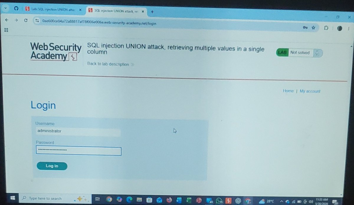 Emunah_0x's tweet photo. Day 76 of #100DaysOfCyberSecurity

Sometimes the app only gives you one visible column 👀

Today I learned how to combine usernames and passwords into a single output using PostgreSQL concatenation during a UNION SQL Injection attack 🔐🔥

#CyberSecurity #SQLInjection #BugBounty https://t.co/kZalrjnC5j