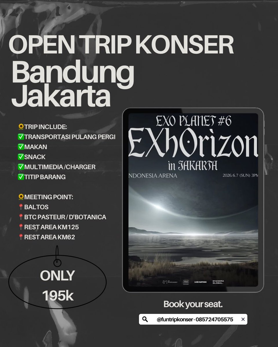 funtripkonser's tweet photo. Opentrip konser EXO Planet EXOHORIZON in jakarta 
worldtour Jakarta

hayu yang mau berangkat bareng dari Bandung 
Trip include :
Transportasi pp
Makan
Snack

#opentripkonser
#tripkonserexo
#EXO_PLANET 
#exoinjakarta
#EXOinJKT https://t.co/j2WmvEm7Z7