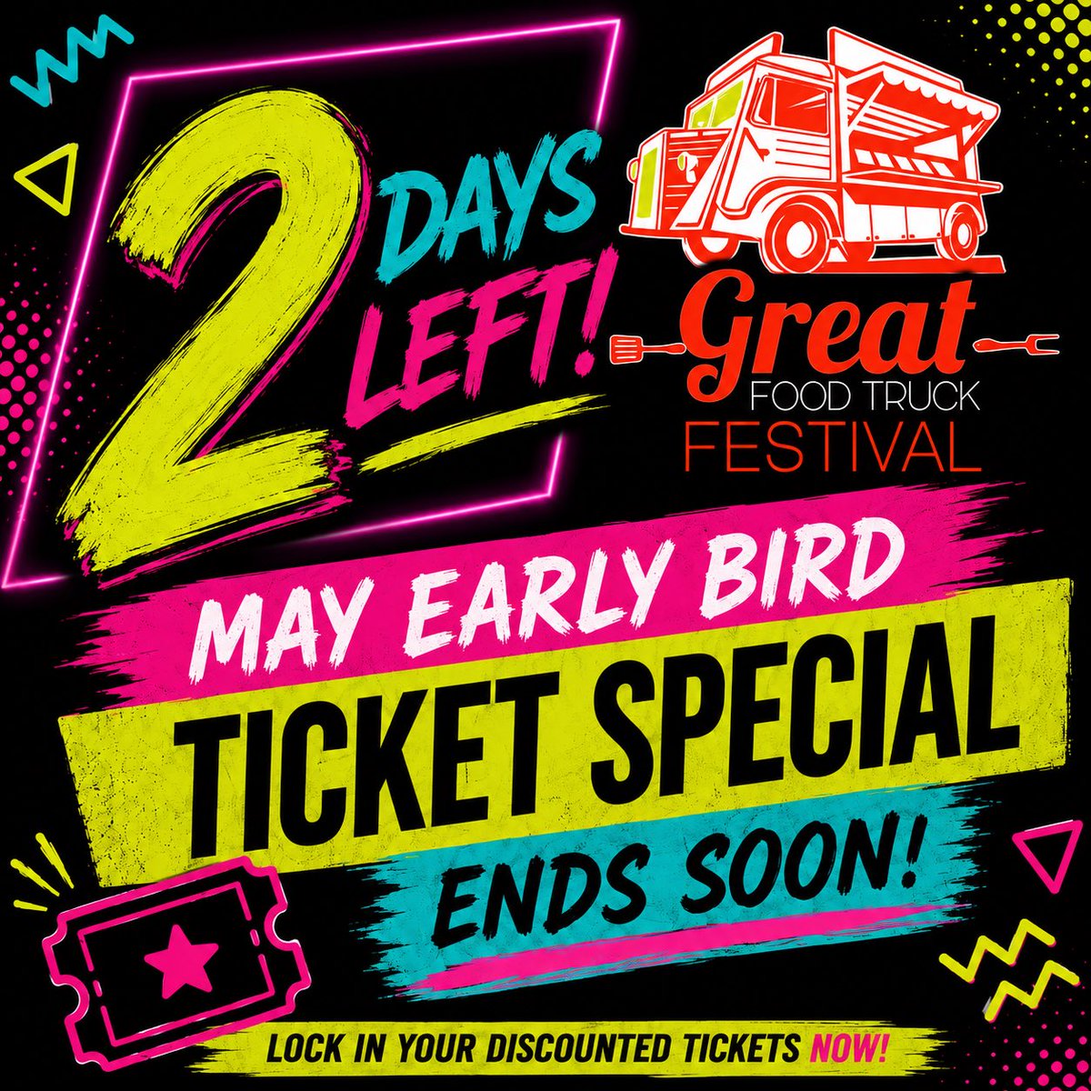 LuxEventsVA's tweet photo. 🚨 2 DAYS LEFT! 🚨

The May Early Bird Ticket Special ends May 31.

🎟 GA $5
🎟 VIP $10

Don’t miss the 9th Annual Great Food Truck Festival: 90’s Edition at our NEW HOME ✈️

Get your tickets before prices go up!

#HamptonRoads https://t.co/qkuhBSx5BM