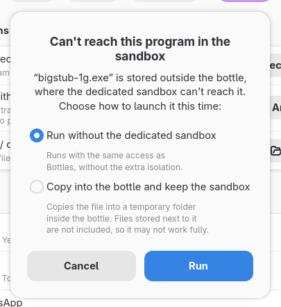usebottles's tweet photo. Now the Bottles' sandbox alerts you when a program lives outside the bottle and it can't reach it, instead of silently failing. You pick: run it without the sandbox, or copy it inside the bottle and keep the sandbox on.

Bottles 64.1 rolling out if the next hours!

#Windows #Linux #OpenSource #Gaming