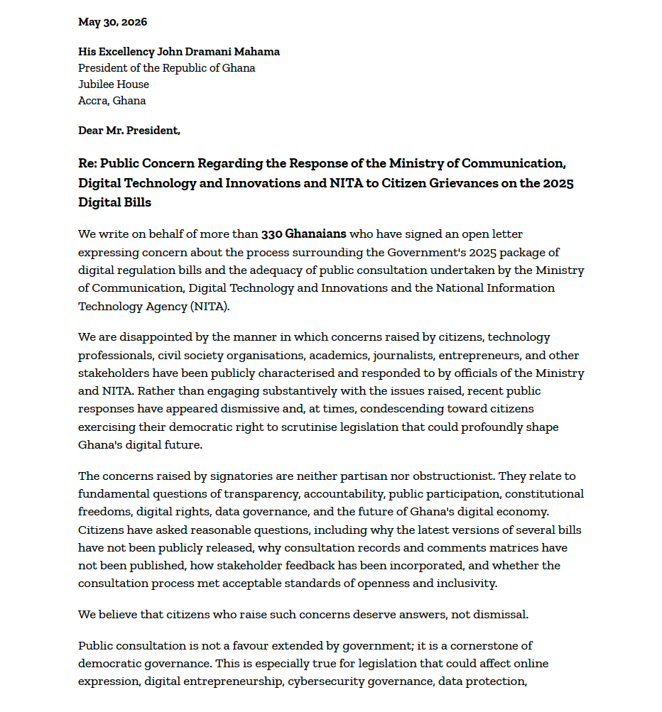 kofiemeritus's tweet photo. Dear President @JDMahama, 335 Ghanaians have signed a letter sent to your office expressing our disappointment by the manner in which @samgeorgegh responded to concerns raised by citizens about the NITA bill 2025. He was dismissive and condescending toward citizens. https://t.co/2LczpqMwZX