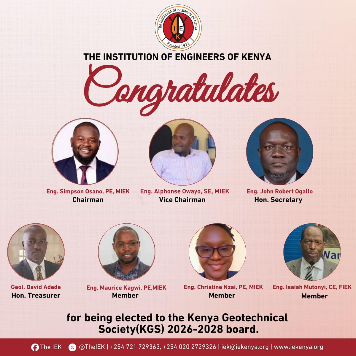TheIEK's tweet photo. The institution of Engineers of Kenya congratulates the newly elected Kenya Geotechnical Society (KGS) 2026- 2028 board. https://t.co/XoQYdR0N9f