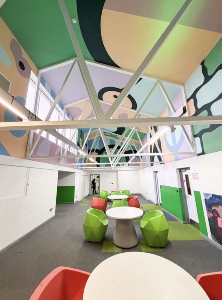 WellspringAT's tweet photo. What better way to mark #NationalCreativityDay than to spotlight another one of our recent #Communicolour installations. 

The talented Marcus Method, Grace Visions, Stog Life and school staff member Ron have transformed this space at Forest Moor School. #AWorldLessGrey. https://t.co/YkPmD6wKgj