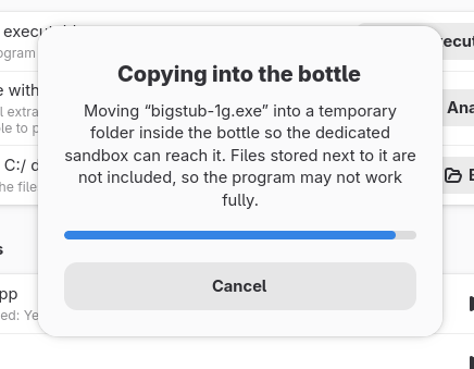 usebottles's tweet photo. Now the Bottles' sandbox alerts you when a program lives outside the bottle and it can't reach it, instead of silently failing. You pick: run it without the sandbox, or copy it inside the bottle and keep the sandbox on.

Bottles 64.1 rolling out if the next hours!

#Windows #Linux #OpenSource #Gaming