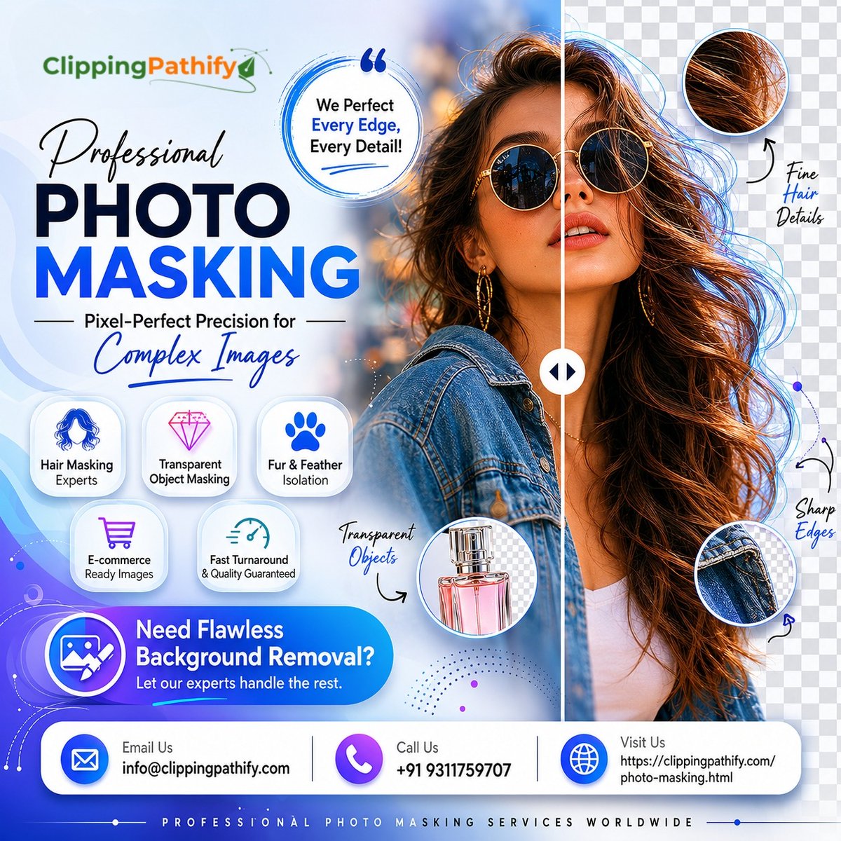 clippingpathify's tweet photo. Perfect cutouts for hair, fur, transparent objects &amp; complex edges!
Professional Photo Masking Services for clean, natural, high-quality images. 

🌐 https://t.co/bM3kj75Tak
📧 info@clippingpathify.com
📞 +91 9311759707

Photo Masking, Image Editing, Photo Retouching https://t.co/lm6e0If4G6