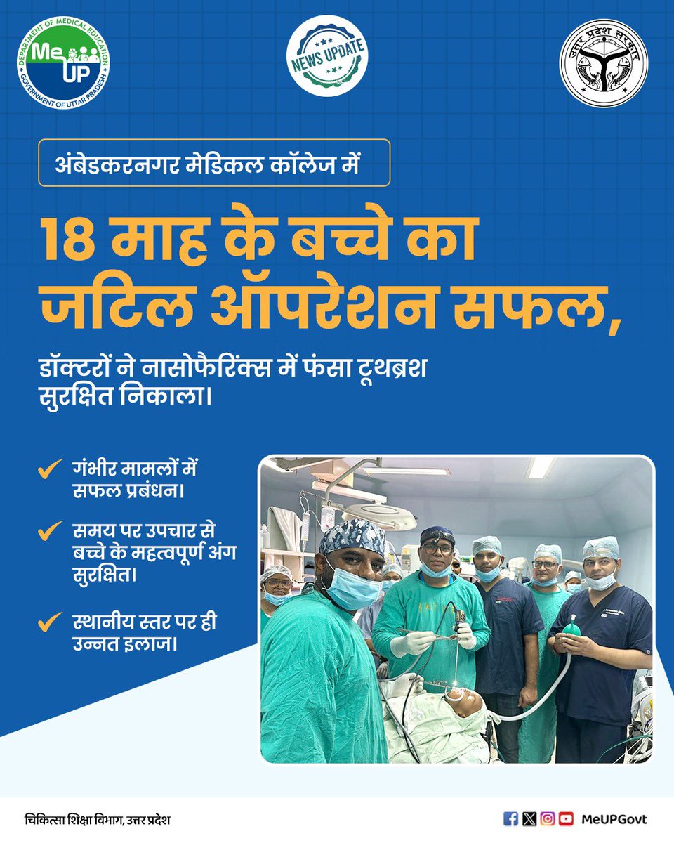 MeUPGovt's tweet photo. अंबेडकरनगर मेडिकल कॉलेज में 18 माह के बच्चे का जटिल ऑपरेशन सफल, डॉक्टरों ने नासोफैरिंक्स में फंसा टूथब्रश सुरक्षित निकाला।

* गंभीर मामलों में सफल प्रबंधन।
* समय पर उपचार से बच्चे के महत्वपूर्ण अंग सुरक्षित।
* स्थानीय स्तर पर ही उन्नत इलाज।

#AmbedkarNagarMedicalCollege #ChildCare #PediatricSurgery #EmergencyCare #AdvancedHealthcare #SafeTreatment #HealthcareExcellence #MedicalSuccess