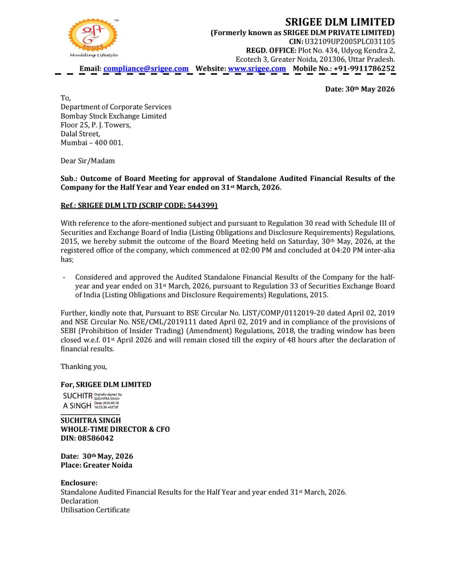 nileshkurhade's tweet photo. 📌 Srigee Dlm Ltd informed the exchange about its approval for the financial results for the period ended March 31, 2026. #SME #SRIGEE 📄🧾 https://t.co/h0kxet85KY