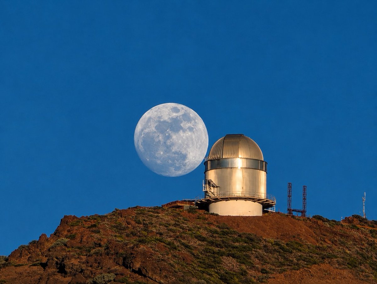 taburiente's tweet photo. Ayer en el Roque de los Muchachos:  luna  y Telescopio NOT  casi a la par.  Ese brillo en la cúpula y los tonos anaranjados son pura magia de esta época , donde la luna sale exactamente a la vez q se pone el sol. @roberto_brasero @nordictelescope @IAC_Astrofisica https://t.co/CkWHIJXd58