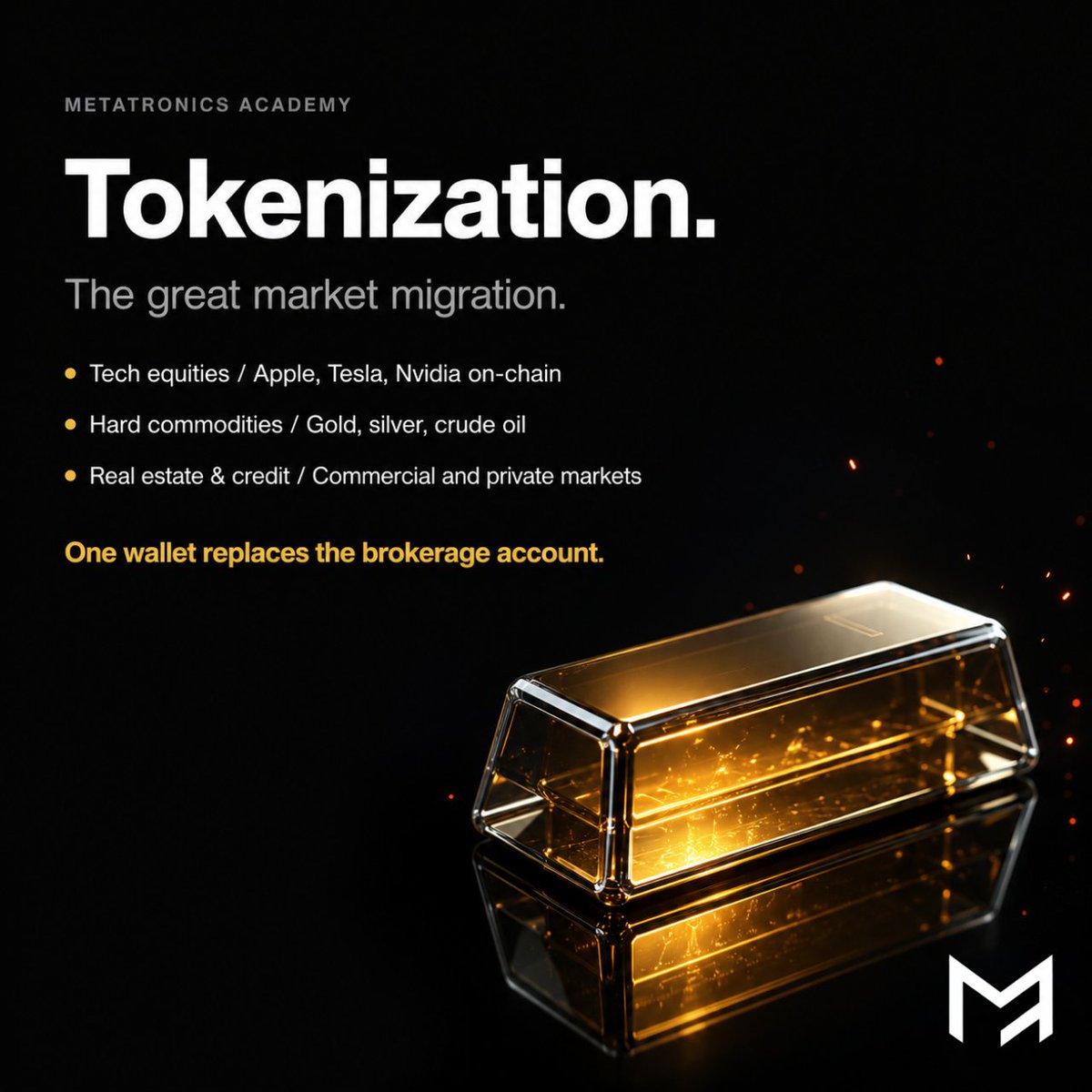 metacadem's tweet photo. ➡ The Great Market Migration: What Is Tokenization?

In 2026, the artificial wall between legacy finance and digital assets has completely collapsed.

The primary narrative of the decade has taken center stage — Real-World Asset (RWA) Tokenization.

Tokenization is the immutable process of taking fractional ownership rights of real physical assets and putting them directly on-chain as digital tokens.

🟡 What is actively being tokenized right now:

🟠Legacy Tech Equities
🟠Apple, Tesla, Nvidia traded natively on-chain.
🟠Hard Commodities
🟠Gold, Silver, Crude Oil.
🟠Commercial Real Estate and corporate private credit markets.

You no longer need an outdated brokerage account riddled with cross-border restrictions to trade global economic assets. All you need is a single crypto wallet.