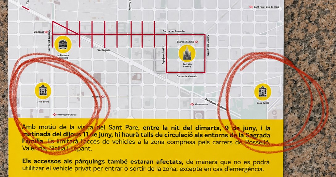 JoseLuisSTAP's tweet photo. Mireu aquest plànol dels talls de carrer per la visita del Papa penjat per l'@bcn_ajuntament

A #Collboni l'interessa tant atreure turistes que bloquegin les nostres voreres que ha intentat colar que a Barcelona hi ha dues cases Batlló.

Ha de ser pel tema #AnyGaudí suposo.🥳🫪 https://t.co/2F00ImCNQG