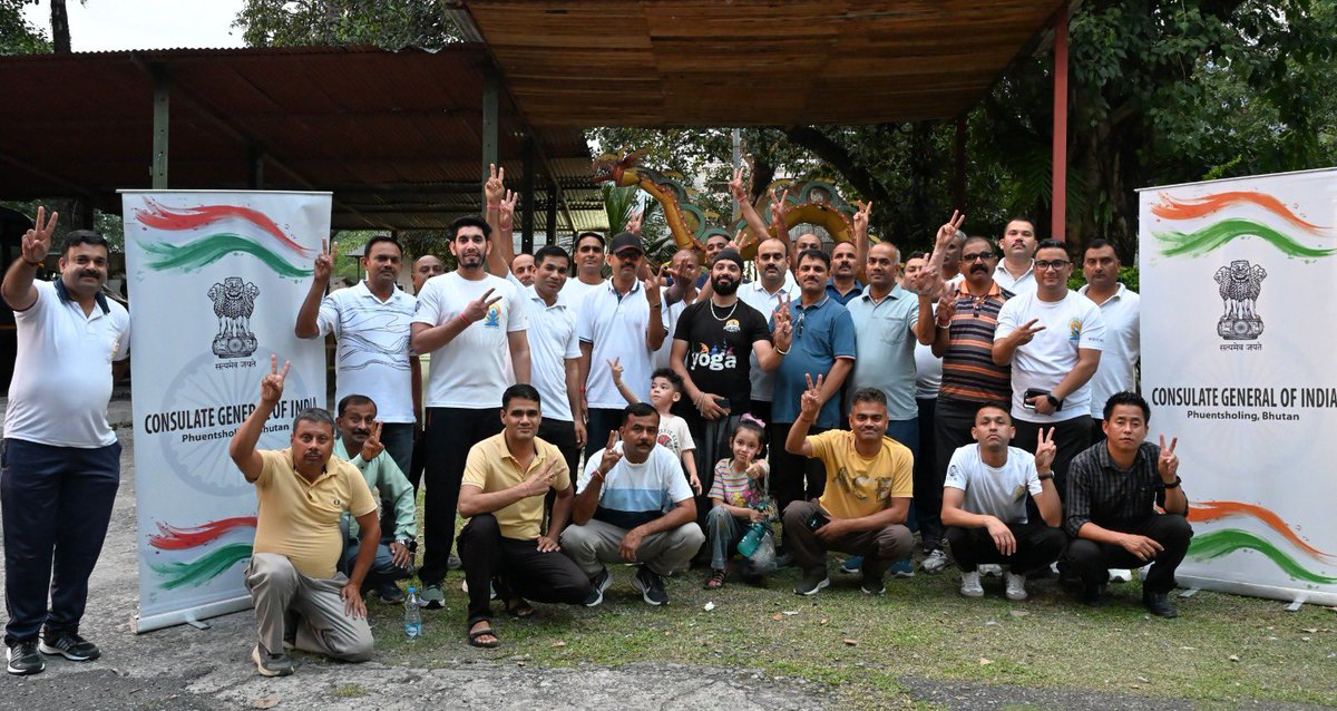 IndiainBhutanCG's tweet photo. Marking the 12th International Day of Yoga 2026, themed “Yoga for Healthy Ageing,” the Consulate General of India, Phuentsholing conducted a guided yoga session for the officers and officials of Project DANTAK at the Workshop Badminton Court.
#IDY2026
#ProjectDantak https://t.co/w1XobHRLjr