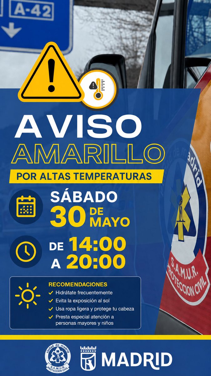 SAMUR_PC's tweet photo. 🟡 Aviso amarillo por altas temperaturas en la ciudad esta tarde.

➡️ Hidrátate con frecuencia.
➡️ Evita la exposición al sol.
➡️ Usa ropa ligera y protege la cabeza.
➡️ Presta atención a personas mayores y niños.

Ante cualquier signo o síntoma de malestar llama al 1️⃣1️⃣2️⃣. https://t.co/kiT586ODaS
