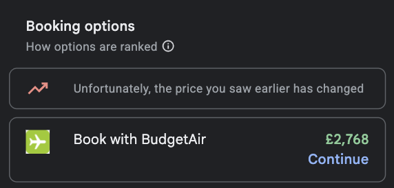 AxBerger's tweet photo. Google Flights became a useless site showing fake prices in the search results, then making them 2x more expensive when trying to book ("price has changed"). This example is a direct one-way flight (for two), not a complicated multi-city... https://t.co/m5mcRGZx4V