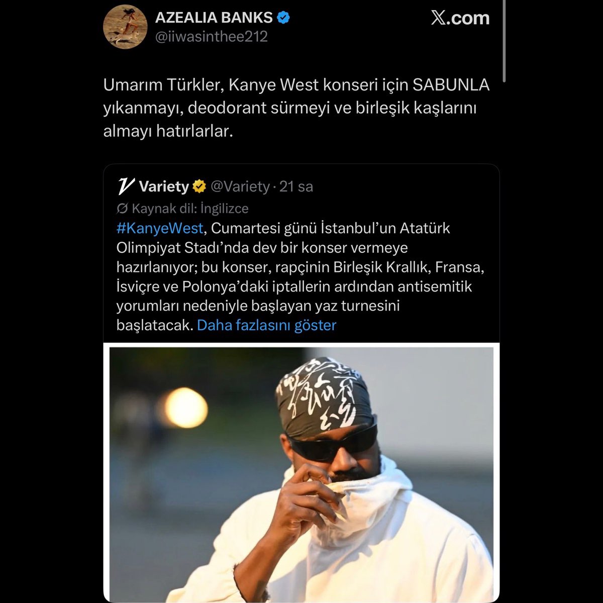 dengeplus's tweet photo. ABD’li rapçi Azealia Banks, Türkleri hedef almaya devam ediyor:

“Umarım Türkler, Kanye West konseri için sabunla yıkanmayı, deodorant sürmeyi ve birleşik kaşlarını almayı hatırlarlar.” https://t.co/HwMjDY7YKK