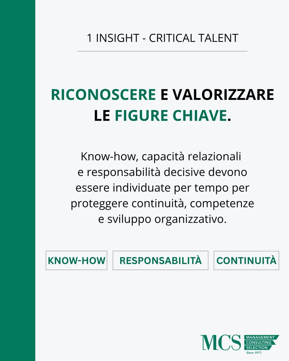 group_mcs's tweet photo. 💡1 Insight: #criticaltalent.

In ogni organizzazione ci sono persone che presidiano conoscenze, relazioni e responsabilità decisive.
Riconoscere queste figure permette di proteggere la continuità aziendale, distribuire meglio le competenze, preparare eventuali passaggi di ruolo. https://t.co/9XVUHTyCLq